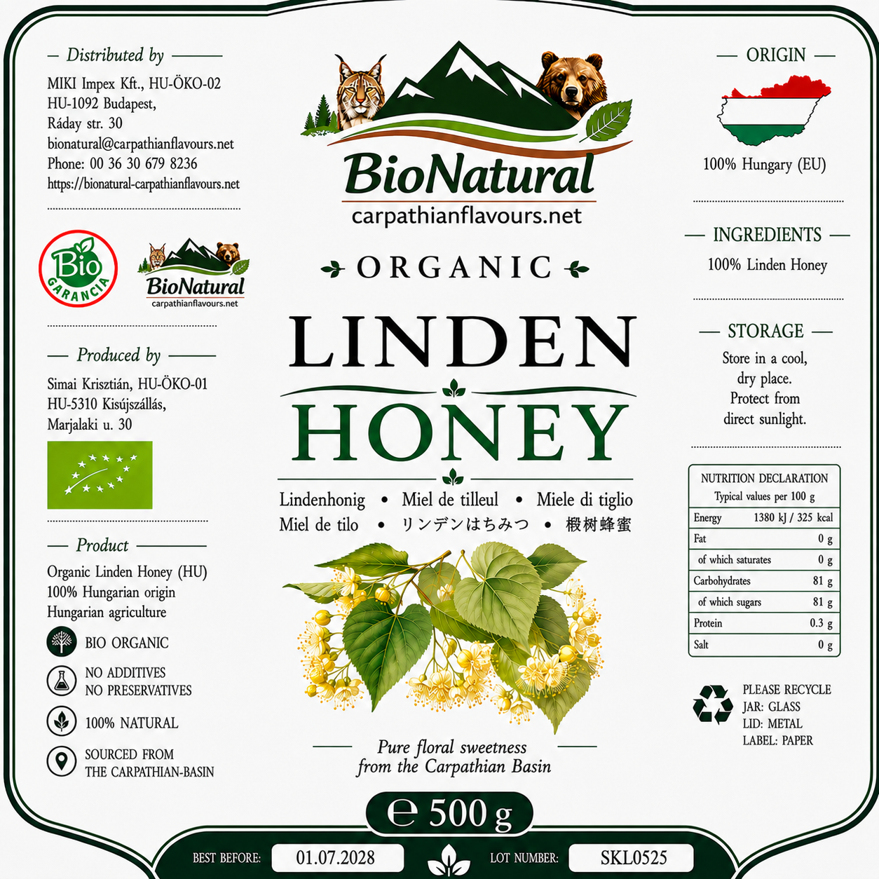 Organic Linden Honey - 500g