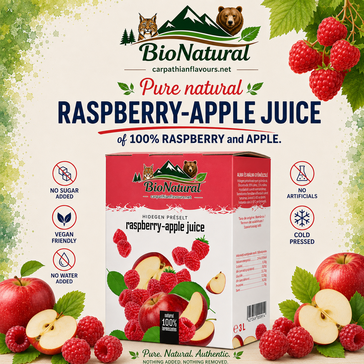 Pure natural Apple & Raspberry juice (of 100% fruits: 20% raspberry & 80% apple juice) - 3L BiB