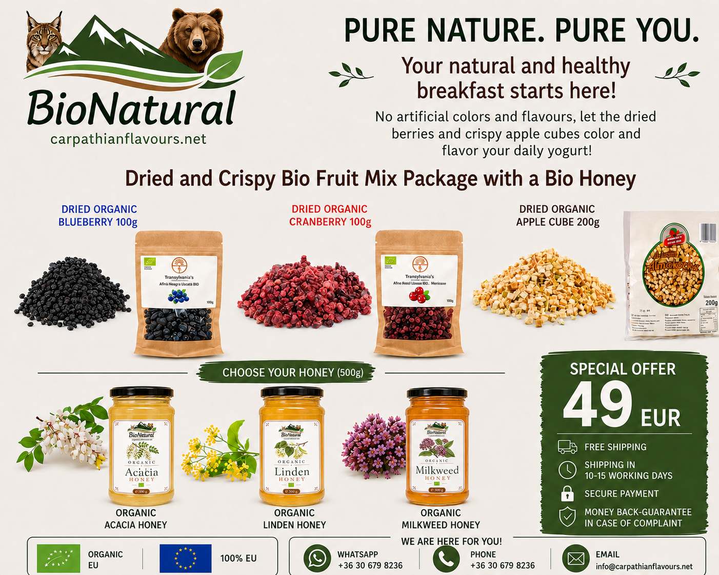 Advertisement for BioNatural dried and crispy fruit mix package with honey, featuring images and text about natural and healthy products.
