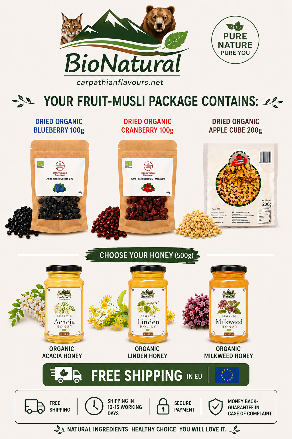 Dried and Crispy Bio Fruit Mix Package with a Bio Honey for Your Breakfast Yogurt - Free Shipping