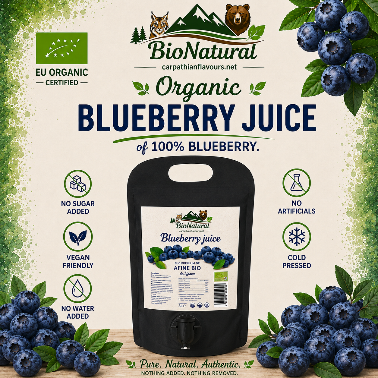 Bio cold pressed Blueberry juice (of 100% blueberry, not from concentrate) - 1.3 L Bag