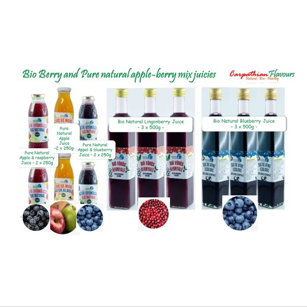 Pure natural BIO berry juices and apple-berry mix juices collection from Szeklerland, Eastern-Carpathians, Transylvania (Siebenbürg)